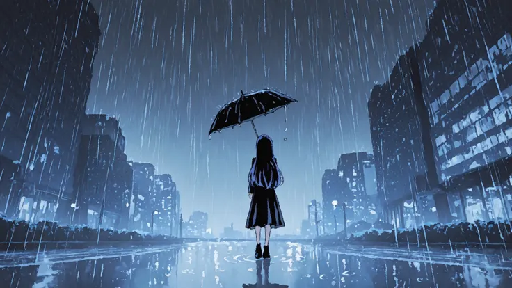 City Pop, black uniform, 1girl, Girl with straight taupe hair, dark tone , rain, umbrella, depressing, dreamy and emotional atmosphere with rich backgrounds, illustration style, sad,back view, full body, long hair