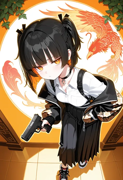 1girl, jitome(0.5), orange eyes, short black hair, blunt bangs, medium Breast, black ribbon, phoenix pettern Sukajan, pleated slit long skirt, Choker, black nail polish, Functional Sneakers, doremi, hwansang, mx2j, masterpiece, best quality, Perfect detail...