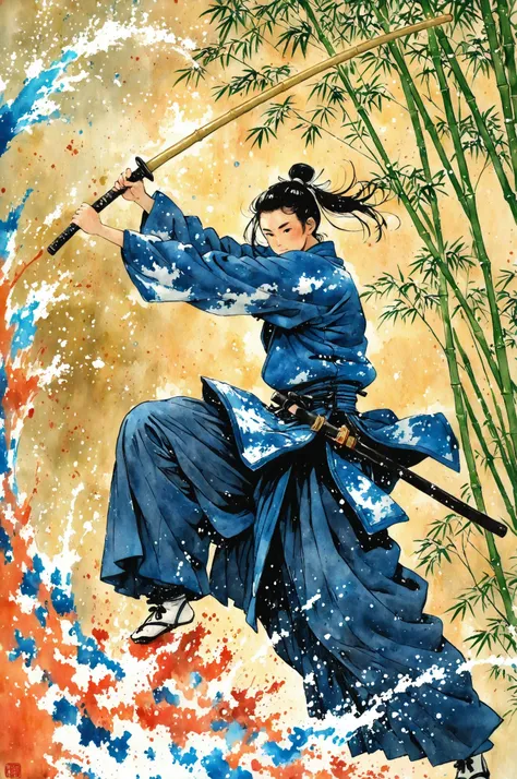 J_paint, Japanese painting, watercolor, Proper Clothes and Faces, kendo, I held up a bamboo sword, Splash Effects, static and dynamic, Bushido, Traditional Japanese Paintings, masterpiece.