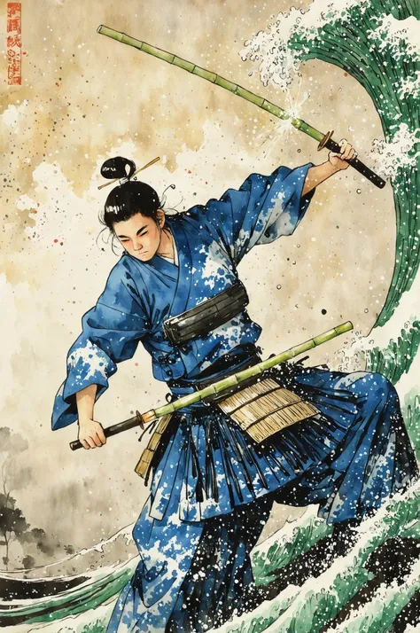J_paint, Japanese painting, watercolor, Proper Clothes and Faces, kendo, I held up a bamboo sword, Splash Effects, static and dynamic, Bushido, traditional Japanese painting holding a bamboo sword, masterpiece.