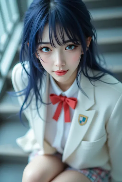 1girl in, Dark blue hair, Bangs, Long hair, Sparkling eyes, longeyelashes, makeup, lightsmile, depth of fields, One-person viewpoint, close-up, From below, wide angles, F/1.8, 135 mm, canon, nffsw, retinas, masutepiece, ccurate, Anatomically correct, Textu...