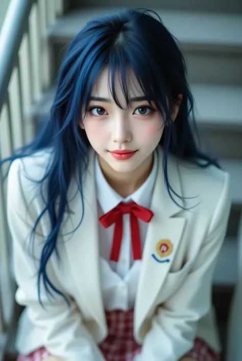 1girl in, Dark blue hair, Bangs, Long hair, Sparkling eyes, longeyelashes, makeup, lightsmile, depth of fields, One-person viewpoint, close-up, From below, wide angles, F/1.8, 135 mm, canon, nffsw, retinas, masutepiece, ccurate, Anatomically correct, Textu...