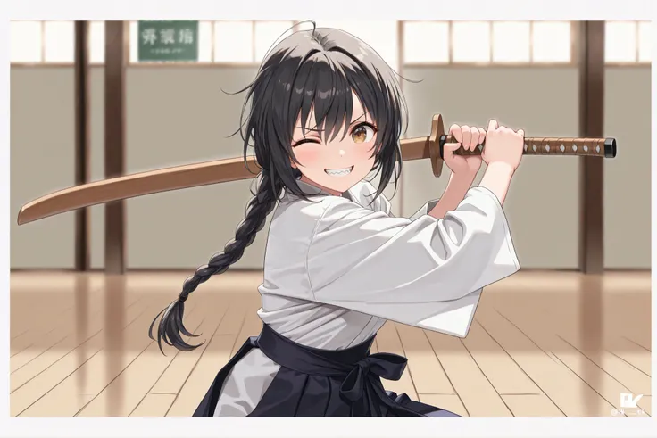 ((Best quality, 8k, Masterpiece: 1.3)), ((best quality)), ((masterpiece)), (detailed), A first-year high school student who joined the Kendo club. A new member of the Kendo club. A girl with braided black hair. Wearing a white gi and navy blue hakama. Hold...