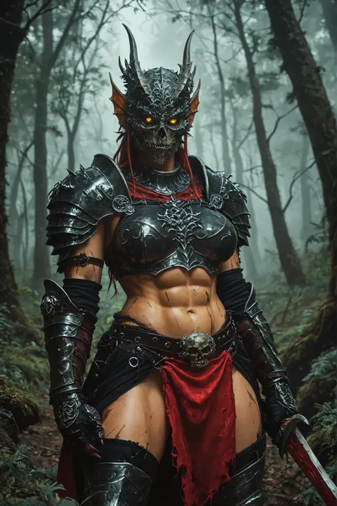 This hyperrealistic digital painting depicts a sexy, muscular woman with yellow eyes and a fierce expression, standing in a dead and eerie forest. She wears detailed brown and red fantasy armor, trimmed with fur, leather straps, and metallic details. Her a...