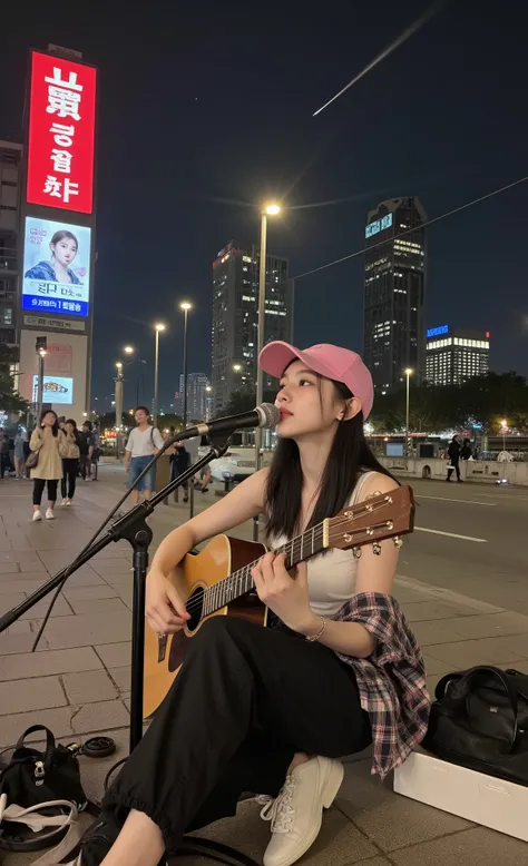 hyperrealism, masterpiece, Visualizer, Sheet music, music. making musical symbols around the city, 다섯 줄의 music, A young Korean girl in her late teens singing on the streets of a dark night city. girl with long black hair, Hot pink ball cap hat, White sleev...