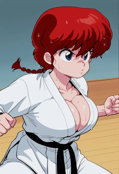 1 girl, alone, Ranma Saotome , cabello rojo, braided hair, blue eyes, big breasts, NSFW, karate, Training, escote profundo, breasts over full, bursting breasts, sweating, sweat, vapor corporal, misaligned hair, wet hair, martial arts training, Thrown hits,...