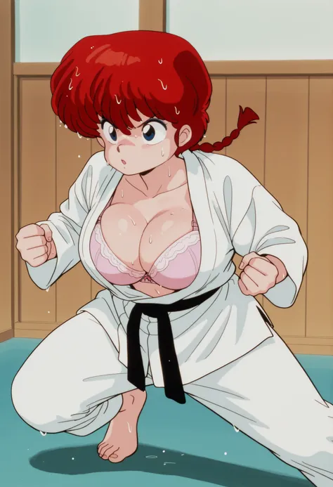 1 girl, alone, Ranma Saotome , cabello rojo, braided hair, blue eyes, big breasts, NSFW, karate, Training, escote profundo, breasts over full, bursting breasts, sweating, sweat, vapor corporal, misaligned hair, wet hair, martial arts training, Thrown hits,...