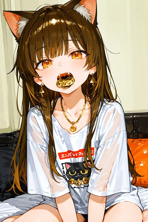 One girl in the center、brown hair and the tips of her hair have turned orange、Bob's long hair、small gold earrings on her ears、cat ears are growing in a translucent swimsuit、orange eyes、small fangs growing in her mouth、wears a duvet t-shirt、has small gold n...