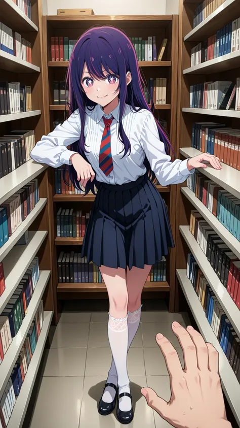 high quality photograph, masterpiece, ultra detailed, (Alone) Hoshino Ai style Oshi no Ko, ((precise anime design like in the show)), ((long hair, purple hair,  brilliant)), (purple eyes,  star-shaped eyes, expressive anime style)) Cheerful standing, cuerpo completo, shot of a cowboy, background Sophisticated Library, Legs crossed slightly when standing, one arm resting on the waist and the other stretched down with a relaxed hand, conveying security. while smiling. wearing a school-style outfit. He wears a white long-sleeved shirt with buttons and a striped tie. on, a light gray pichi-style 'fishbone' dress, fitted to the waist, with front buttons and short pleated skirt. She wears knee-length white silk stockings and black high-heeled shoes