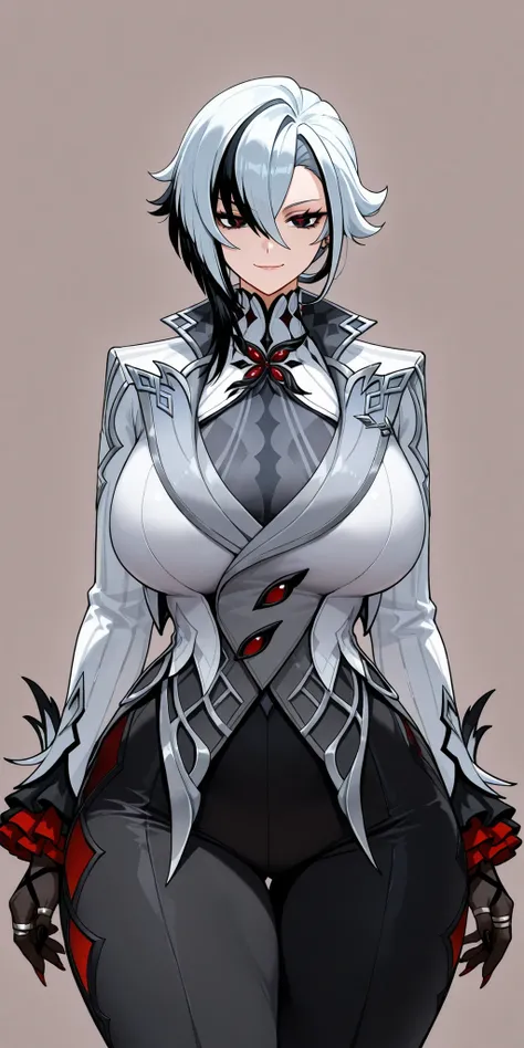 1Woman, Arlecchino from genshin impact, big chest, wide waist, milf, Enormous thighs, wide hips, Smirking hands on waist,  Voluptuous, huge body, simple background 