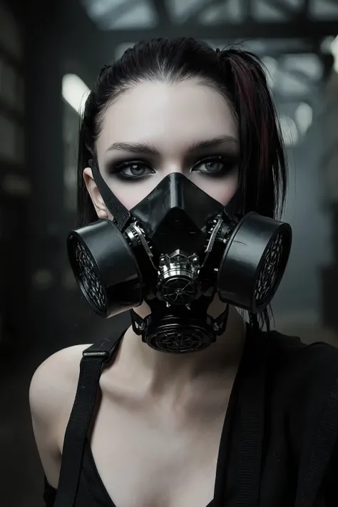 1 girl,wearing goth respirator,