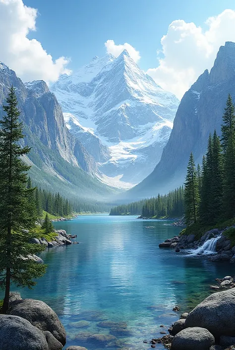 A stunning view of tall snow-covered mountains, a clear lake reflecting the blue sky, green pine trees spread over the slopes, white clouds dancing in the sky, a small waterfall flowing between the rocks