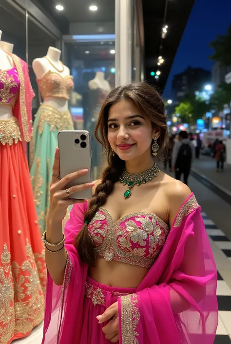 Photograph of a young South asian woman with fair skin and long brown hair in a loose braid, taking a mirror selfie with her "iphone 15" in a brightly lit, modern shoe store. She has brown eyes and wears a beautiful , strapless traditional vibrant blouse w...