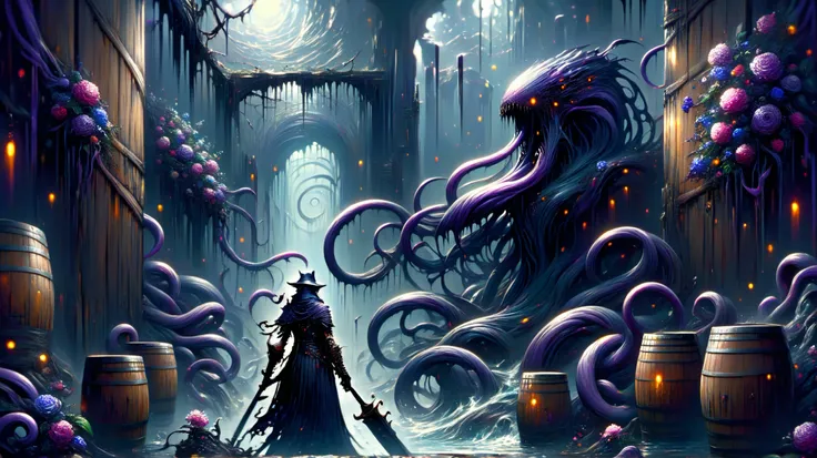 Gloomy panorama centered on a dark beer monk, its tall and imposing figure occupying the central third of the image. torn black that appears to be made of vivid shadows, flutuando sem vento. Where her face should be , only deep darkness and two dots of vi...