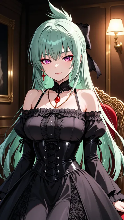solo, kanzaki_saya,  long hair, green hair, mature woman, Tight waist、Small waist、shiny Skin ,  (upper body), light smile,  wearing a dark gothic lolita outfit, featuring a black and deep purple corset dress with intricate lace and frills, off-shoulder sle...