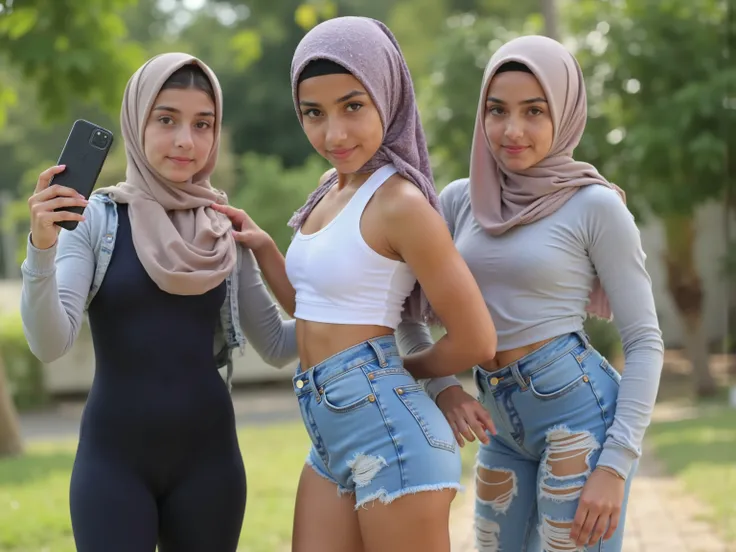 (( 3 very little young hijab girls ))), 3 very young very small hijab girls, Sixpack, massive musculare Beine, Hidschab ,She wears wrestling bodysuit one-piece wrestling shorts with length up to knee-tight worn-thin material nylon monochrome light dark blu...