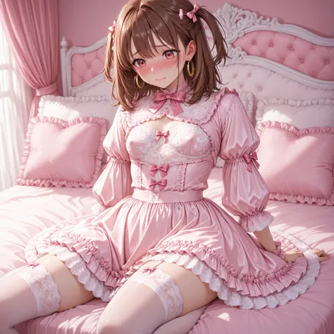 girly bedroom, extremely embarrassed, medium hair, brown hair,pastel pink dress with puffed sleeves, delicate lace trim, stockings, pink frilly skirt, pink bow in hair, small boobs, large gold hoop earrings