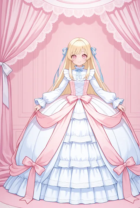 girls, Blonde, long hair at Boro-Yado, straight hair, hair ribbon, very large ribbon, ruffle princess dress, long sleeve,full length ball gown dress, hoop skirt ,long skirt, skirt, White Stockings, pastel colors, full body shot, look to the future, is emba...