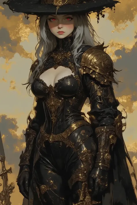 a striking female character, rendered in a realistic fantasy style. She stands confidently against a backdrop of a cloudy, golden-hued sky. The character is dressed in an elaborate, dark, almost black, Gothic-inspired outfit. She wears a wide-brimmed black...