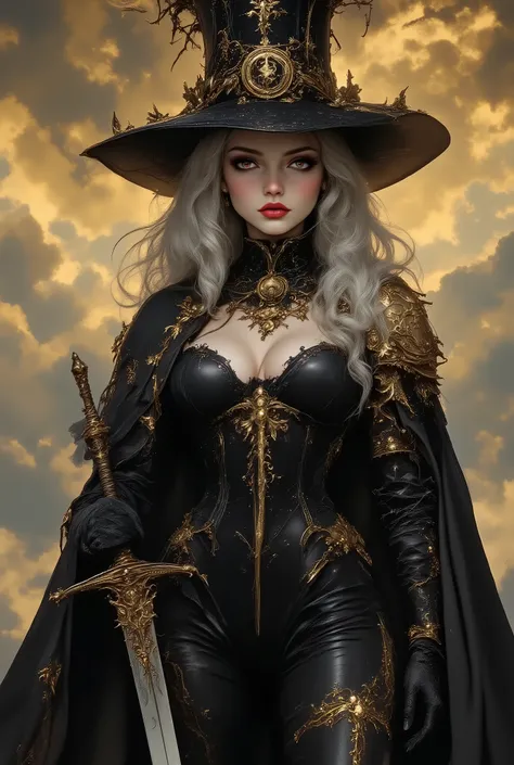 a striking female character, rendered in a realistic fantasy style. She stands confidently against a backdrop of a cloudy, golden-hued sky. The character is dressed in an elaborate, dark, almost black, Gothic-inspired outfit. She wears a wide-brimmed black...