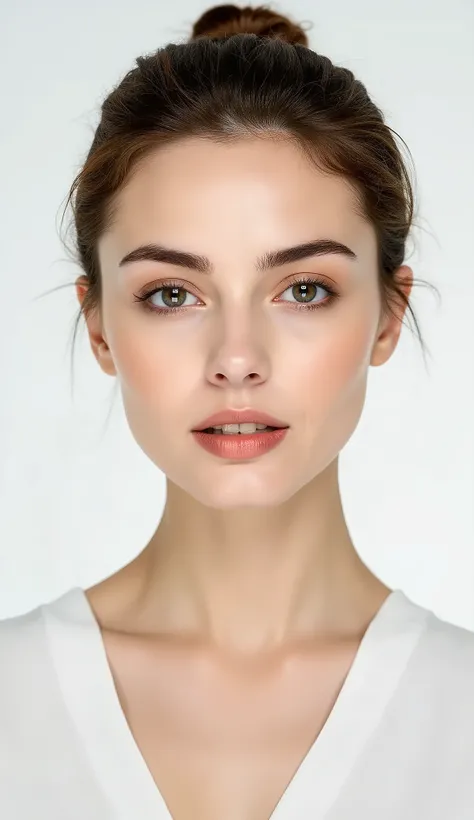 front profile photo, hair is tightly tied in a hairbun, no strand hair, , , bright front lighting on her face, no shadows on her face, she if facing forward, she is facing the camera, symmetrical face