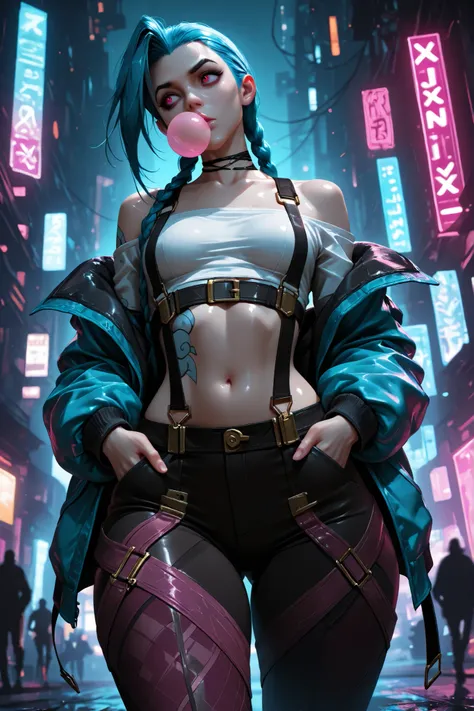 masterpiece, best quality, vibrant, very aesthetic, high contrast, semrealistic, newest,
scenery, neon rim light, dark, jinx from arcane, medium perky breasts, wide hips, huge butt, thick thighs, black leggings, crop top white shirt, (neon suspenders:1.2),...