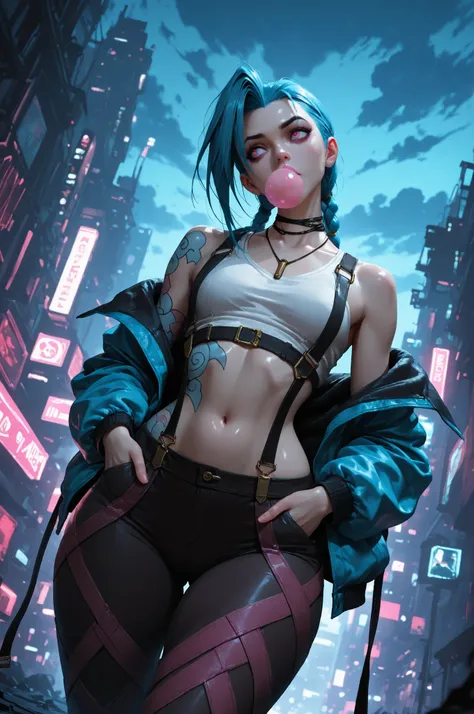 masterpiece, best quality, vibrant, very aesthetic, high contrast, semrealistic, newest,
scenery, neon rim light, dark, jinx from arcane, medium perky breasts, wide hips, huge butt, thick thighs, black leggings, crop top white shirt, (neon suspenders:1.2),...