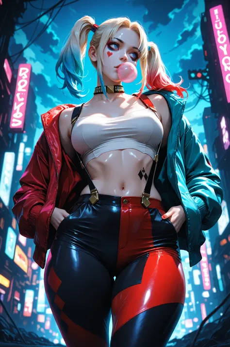 masterpiece, best quality, vibrant, very aesthetic, high contrast, semrealistic, newest,
scenery, neon rim light, dark, Harley Quinn, medium perky breasts, wide hips, huge butt, thick thighs, black leggings, crop top white shirt, (neon suspenders:1.2), tea...