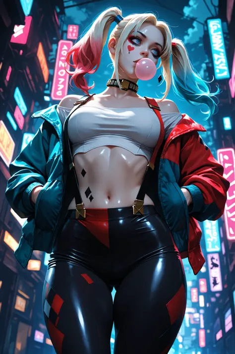 masterpiece, best quality, vibrant, very aesthetic, high contrast, semrealistic, newest,
scenery, neon rim light, dark, Harley Quinn, medium perky breasts, wide hips, huge butt, thick thighs, black leggings, crop top white shirt, (neon suspenders:1.2), tea...
