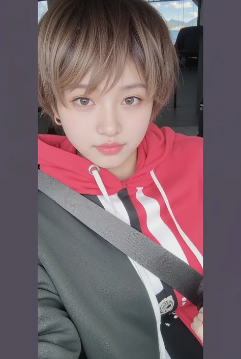 A high-resolution, photorealistic close-up portrait of a young Japanese woman, seemingly in her early twenties , standing outdoors on a wooden pier overlooking a vast lake on a sunny day with scattered clouds in the bright blue sky above. Her hair is shoul...