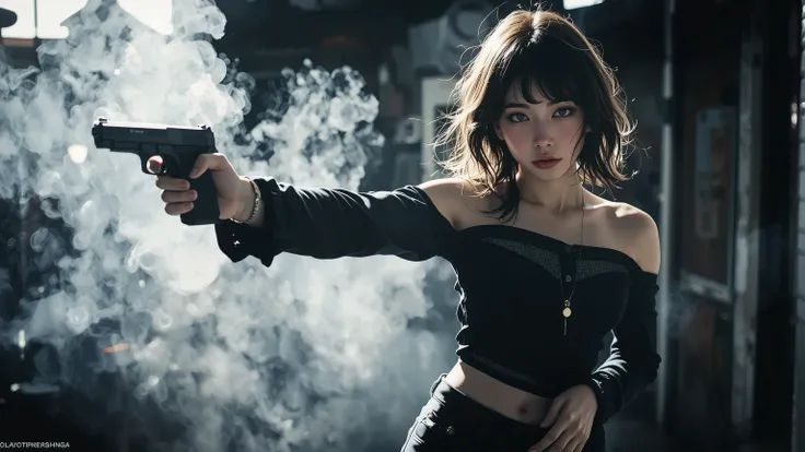 one woman、solo、best quality, perfect depiction,upper body shot, dark corner shot, black long sleeve top with open shoulders, Stylish Damaged Denim, Stand up and point one hand in the shape of a gun at the viewer,Boundary of Darkness, The Formative Beauty ...