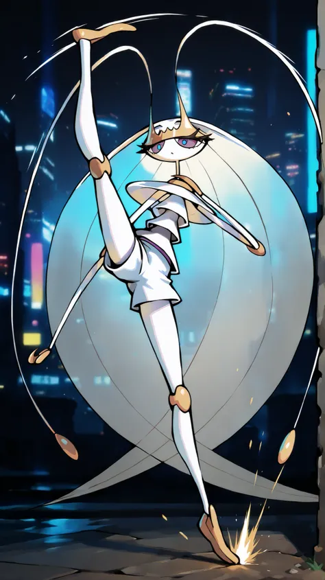 Pheromosa from Pokemon, White Body,Thin Waist, Very Thin Waist, Wasp Waist, Solo,vibrant colors, cel shading, Simplistic Art Style, solo,((round kick:1.3)),side view,(action:1.3),(acrobat:1.3),{cyberpunk background}