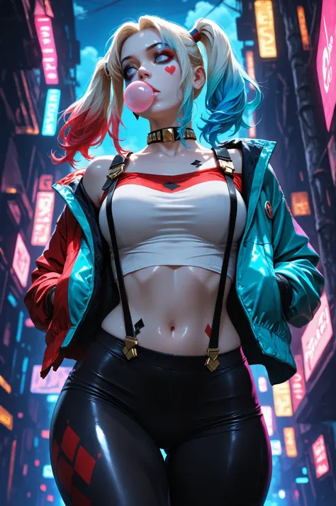 masterpiece, best quality, vibrant, very aesthetic, high contrast, semrealistic, newest,
scenery, neon rim light, dark, Harley Quinn, medium perky breasts, wide hips, huge butt, thick thighs, black leggings, crop top white shirt, (neon suspenders:1.2), tea...