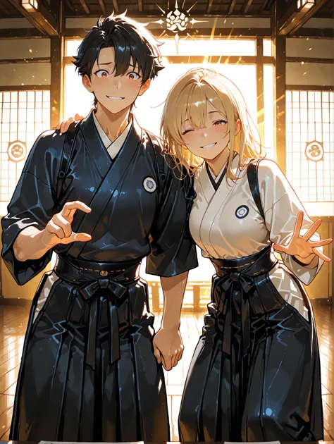 masterpiece, best quality, amazing quality, absurdres, newest, kendo senpai and rookie student, both wearing traditional kendo uniform (kendogi and hakama), senpai placing hand gently on rookie’s shoulder, encouraging atmosphere, dojo background with woode...