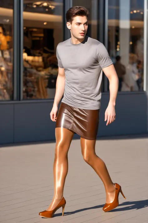 a young male man with a male face, wears a gray T-shirt, wear a brown leather mini skirt, medium brown amber shiny 40den pantyhose, beige closed high heel pumps, the male face Man runs in his pantyhose in a shopping mile in sunshine.
