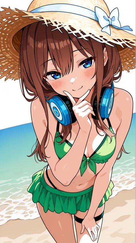 8k wallpaper、 best quality 、Masterpiece、 748cm style 、1 girl , beautiful , cute , Female 1 person, aamiku, long hair, brown hair, blue eyes, headphones, headphones around neck, green and white bikini , slit mini skirt , thigh strap , straw hat 、 Beach ...