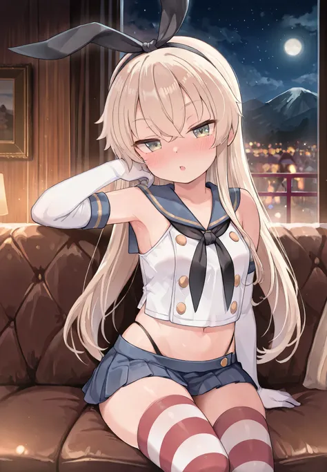 1girl, solo, shimakaze \(kancolle\), kantai collection, white and blue uniform, skirt, striped thigh highs, sitting on a couch, seductive , sexy pose, alluring atmosphere, night time, mountain cottage, cinematic lighting, BREAK, masterpiece,top quality,war...