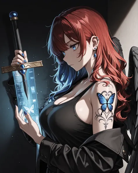 wolfcut, fluffy hair, voluminous hair, wavy centerparted, wavy bangs, wavy hair,,side angle, close-up, fitting everything into a close-up image up to chest height, character in the right corner of the image with the body turned to the left of the image, (m...