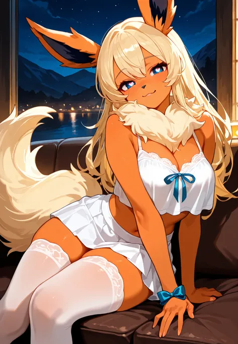 Source_furry, 1girl, solo, Flareon, pokemon, anthro, detailed fluffy fur, (orange fur and skin), long hair, heart shaped pupils, white skirt, white thigh highs with ribbons, white crop top, sitting on a couch, seductive , sexy pose, alluring atmosphere, ni...
