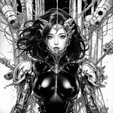 ((best quality)), ((masterpiece)), (detailed), perfect face of cyberpunk mecha japanese girl, shiny black eyes, shiny black body, shiny black hair, ((monochromatic black color palette)), surreal, in the illustrative style of moebius, spaceships, aliens, fa...