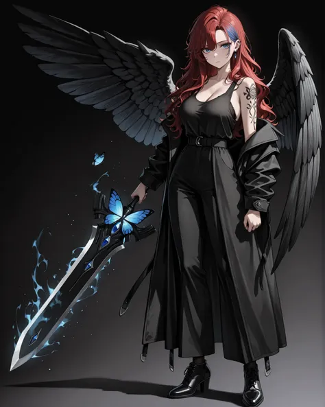 wolfcut, fluffy hair, voluminous hair, wavy centerparted, wavy bangs, wavy hair, side angle, full body, character in the right corner of the image with her body turned to the left of the image, (masterpiece, vivid color, 4k), {1woman}:(a beautiful and attr...