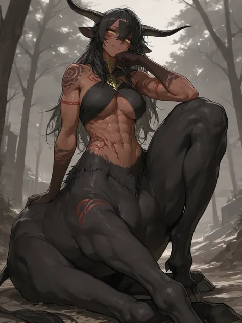 (best quality, masterpiece), 1 woman, dnd, bulltaur, horns, black mare, handsome, wise woman, strong build, volputrous and strong, yellow eyes, horns, monster girl, black hair, athletic, exposing the abdomen, beautiful girl, proporcional human body, muscul...