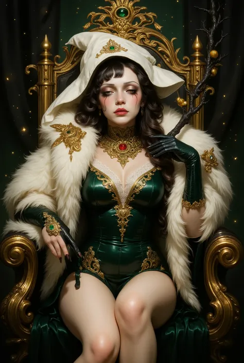 a highly detailed digital painting in a fantasy art style. The central figure is a woman with a mystical and regal appearance, seated on a throne-like chair adorned with intricate gold patterns and a large, ornate staff beside her. She has long, dark, wavy...