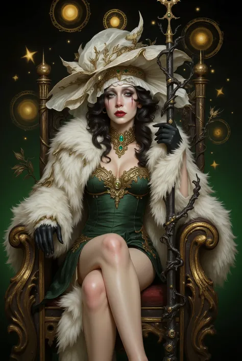 a highly detailed digital painting in a fantasy art style. The central figure is a woman with a mystical and regal appearance, seated on a throne-like chair adorned with intricate gold patterns and a large, ornate staff beside her. She has long, dark, wavy...