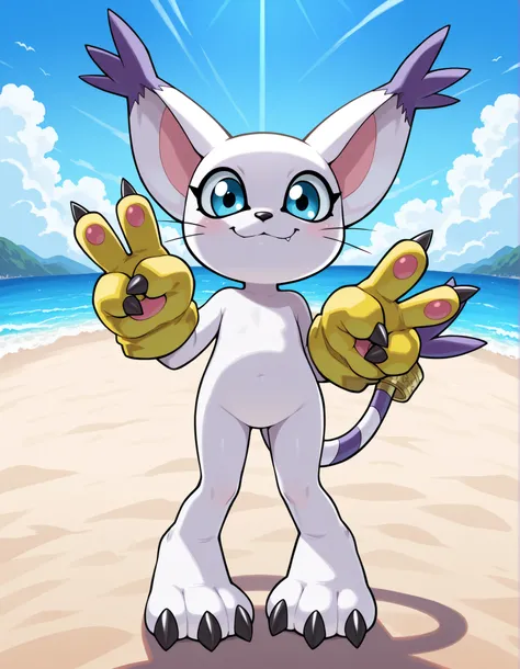tailmon, smile, v-sign, show accurate, toon proportions, digimon (series) detailed background, highres,
masterpiece, soft shading
