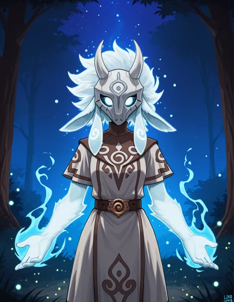 kindredlamb, lamb (lol),, best quality, RAW, ultra detailed, guardian spirit of the forest , ceremonial lamb mask, elegant tunic with spiritual patterns, belt ornamented with mystical symbols, floating silver hair, shiny magic aura, night scene with firef...