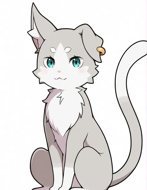 Puck_(Re:Zero),, cat, single ear down, animal ear piercing, animal ear fluff, aqua eyes, two-tone fur, neck fur, grey fur, white fur, cat tail, no humans