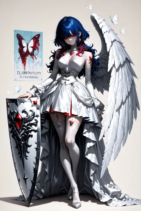 wolf cut, fluffy hair, voluminous hair, wavy parted in the middle, wavy bangs, wavy hair, side angle, full body, character in the right corner of the image with the body turned to the left of the image, (masterpiece, vivid colors, 4k), {1woman}:(a beautifu...