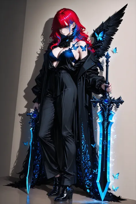 wolf cut, fluffy hair, voluminous, wavy hair parted in the middle, wavy bangs, wavy hair, side angle, full body, character in the right corner of the image with the body turned to the left of the image, (masterpiece, vivid color, 4k), {1woman}:(a beautiful...