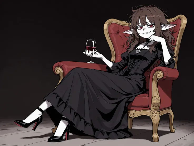masterpiece , best quality , amazing quality , very aesthetic, woman, white skin, pale skin, tall, rounded elf ear, red eyes, drooping eyes, cold look, white pupil, long messy hair, brown hair, bangs, sharp canines, smirk, black gothic dress, heels, sittin...